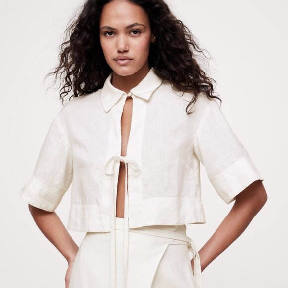 509. BANANA REPUBLIC LINEN TIE-FRONT CROPPED SHIRT Magnolia Ivory $90 NWOT XXS - Picture 1 of 3